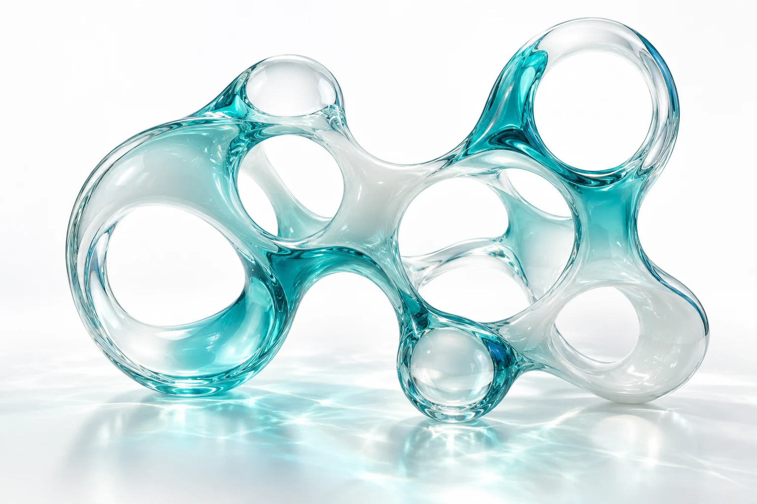 Interconnected turquoise glass forms representing the healthcare ecosystem